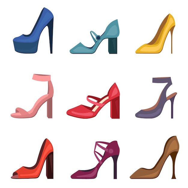 Conjunto de zapatos de mujer coloridos diferentes. colección zapatos de tacón stiletto para mujer. calzado moda para niñas. | Vector Premium