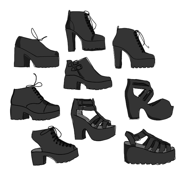 Un conjunto de zapatos de mujer dibujados a mano de varios tipos de bocetos de dibujos animados sobre un fondo blanco