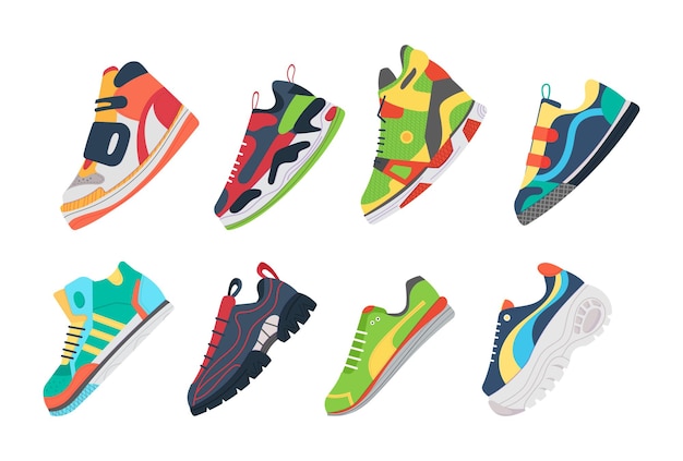 Conjunto de zapatos de zapatillas deportivas Zapatos cómodos para entrenar correr y caminar Zapatos deportivos de varias formas colores brillantes ilustración vectorial de dibujos animados