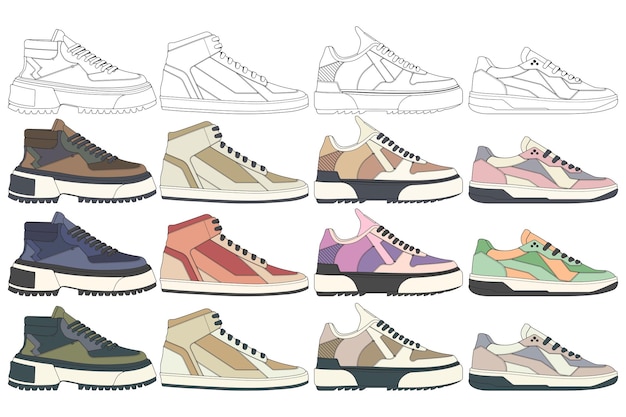 Conjunto de zapatos, zapatillas, dibujo, vector, zapatillas, dibujado, en, un, bosquejo, estilo, agrupación, zapatillas, entrenadores, plantilla, vector, ilustración