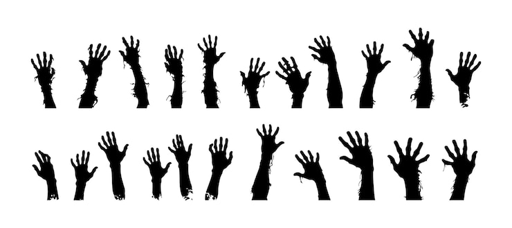 Vector conjunto de zombie o muerte mano arriba silueta aislado sobre fondo blanco elementos de manos malvadas de terror de halloween ilustración vectorial