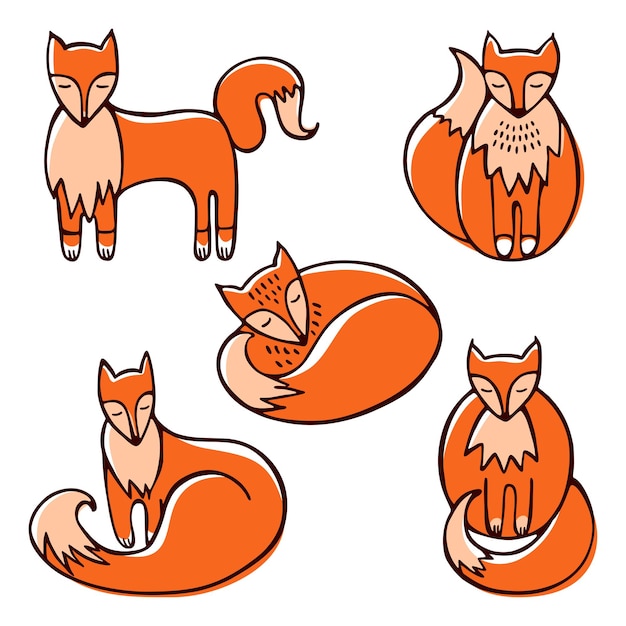 Conjunto de zorros rojos del doodle en varias poses aislado sobre fondo blanco.