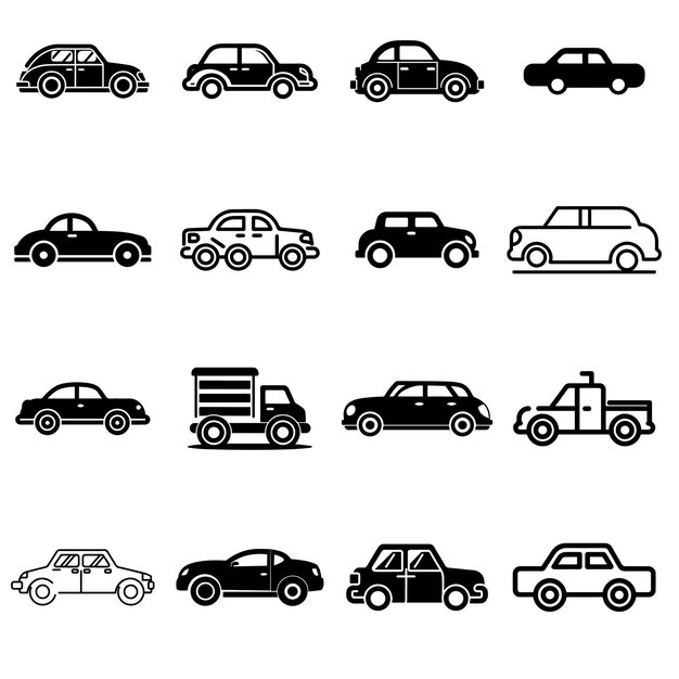 Conjuntos de coches de silueta y en el icono de vehículo de carretera en fondo aislado