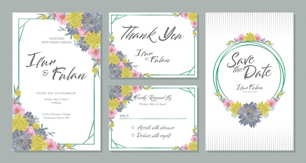 Conjuntos de diseño de tarjeta de invitación de boda con flores
