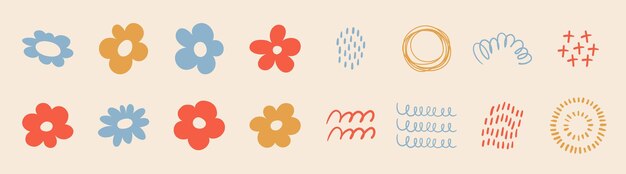 Conjuntos de flores con elementos abstractos dibujados a mano.