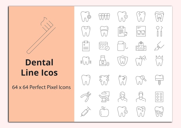 Conjuntos vectoriales de iconos de líneas dentales