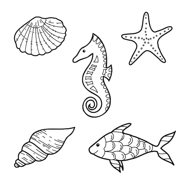 Conjuntos de vida marina dibujados a mano conchas marinas, estrellas, caballos y peces, ilustraciones vectoriales en estilo doodle, boceto aislado sobre fondo blanco, elementos de diseño submarino marino, clipart de verano.