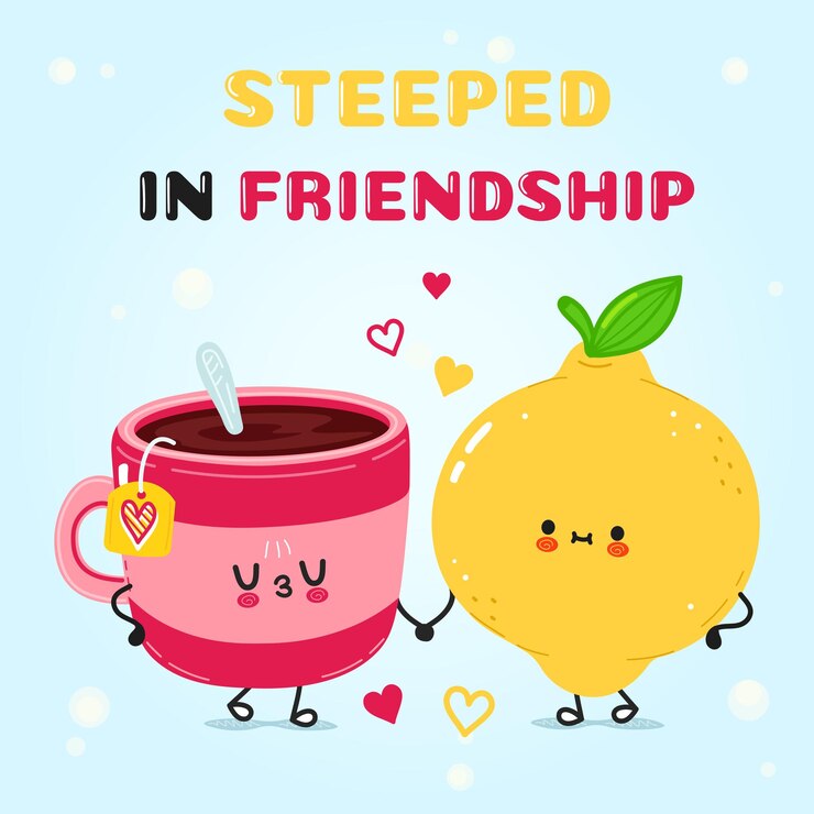 Una conmovedora ilustración de amistad representada con una taza de té y un limón en un abrazo con corazones