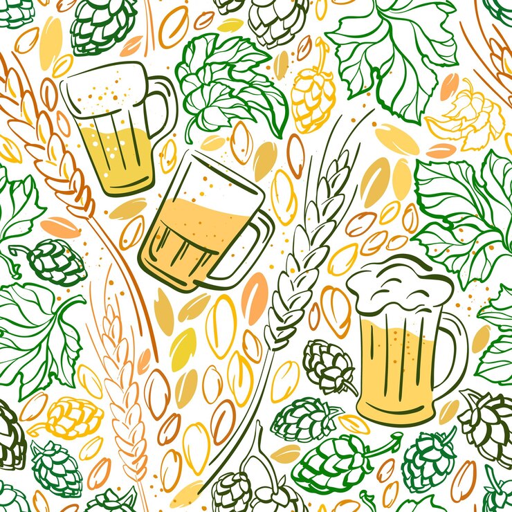 Vector cono de cerveza de patrón transparente de grano de lúpulo bebida alcohólica en espigas de taza de trigo dibujo gráfico