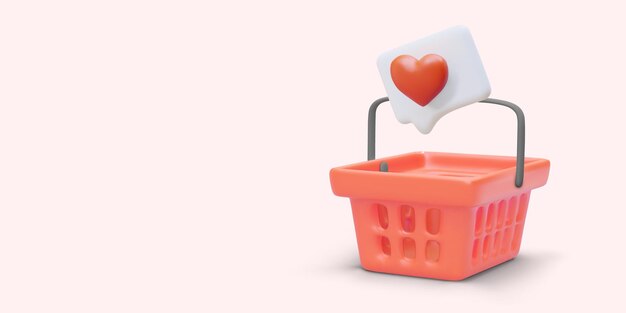 Ícono de comentario 3D con corazón en el carrito de compras Primer me gusta