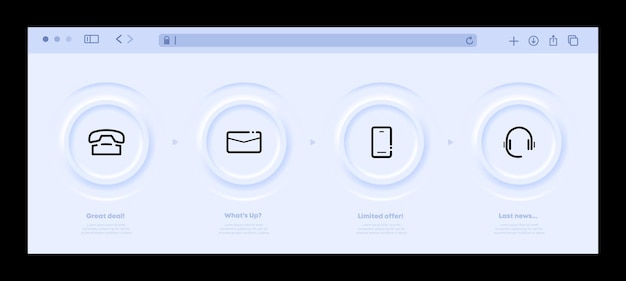 Ícono del conjunto de auriculares Hablar conversación mundial Comunicación telefónica por cable e inalámbrica Contáctenos concepto Interfaz de sitio web de neomorfismo Icono de línea vectorial para Negocios y Publicidad