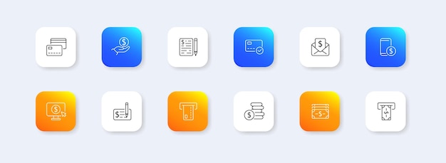 Ícono de conjunto de dinero Verifique el recibo correo no deseado haga clic en la factura moneda cajero automático terminal objetivo pago sin contacto Concepto de transacción Estilo de neomorfismo Icono de línea vectorial para negocios