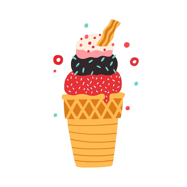 Cono de galleta con diferentes bolas de helado con chispas dispersas. ilustración de vector plano coloreado de helado colorido en oblea aislado sobre fondo blanco.