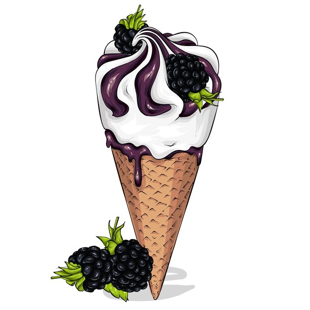 Cono de galleta con helado cremoso con mermelada de frutos rojos. Mora.