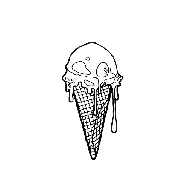 Un cono de gofre con una bola de helado, gráficos en blanco y negro al estilo de un boceto