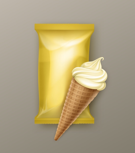 Vector cono de gofre de helado de vainilla y plátano con envoltura de plástico amarillo para el paquete de marca de cerca en el fondo