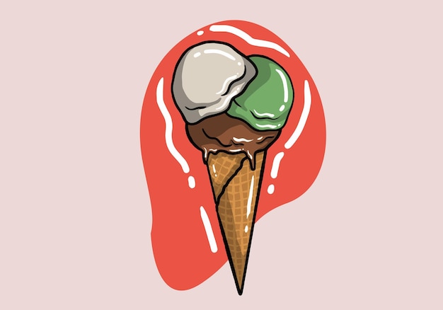Cono de gofre con tres bolas de helado de diferentes sabores. Bolas de helado de colores