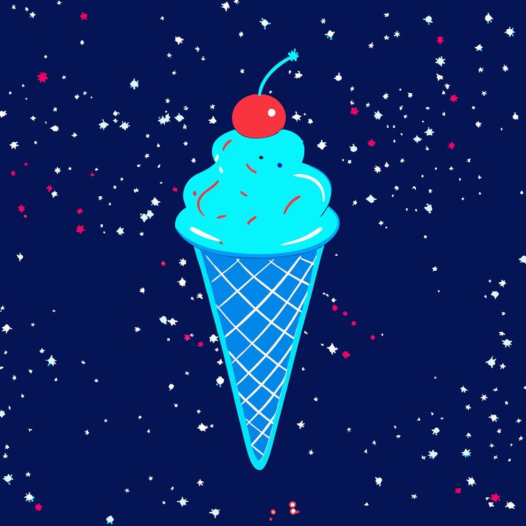 Vector un cono de helado azul y rosa con una cereza en la parte superior