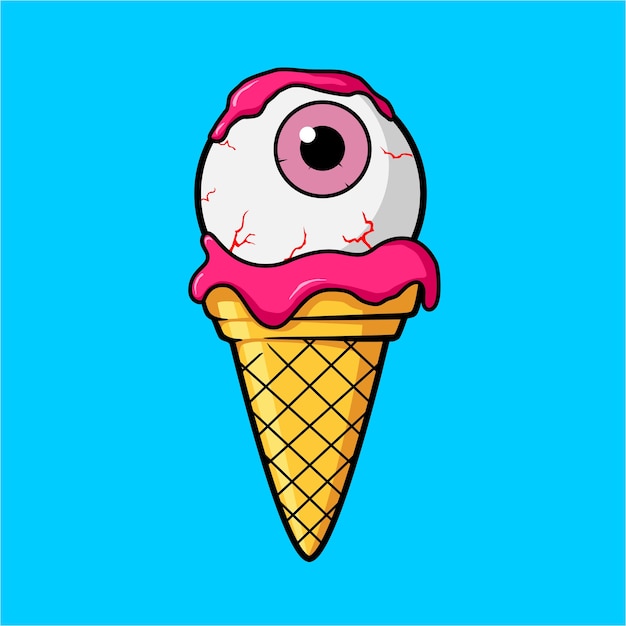 Cono de helado con bola de ojos rosados y crema de jugo de fresa