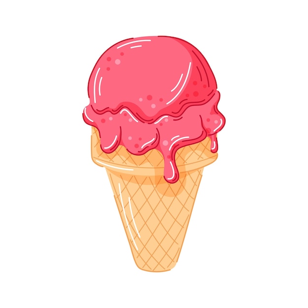 Cono de helado de cereza o fresa con cuchara de fusión rosada en cono de waffle en helado de estilo dibujado animado