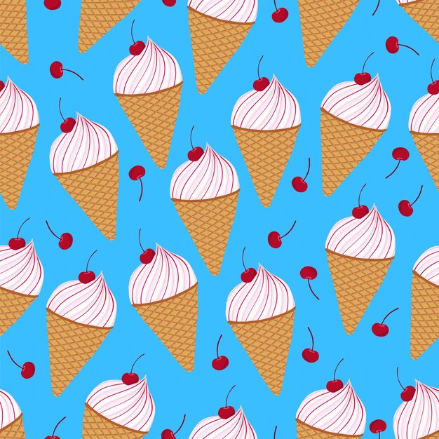 Cono de helado con cereza. Patrón sin fisuras.