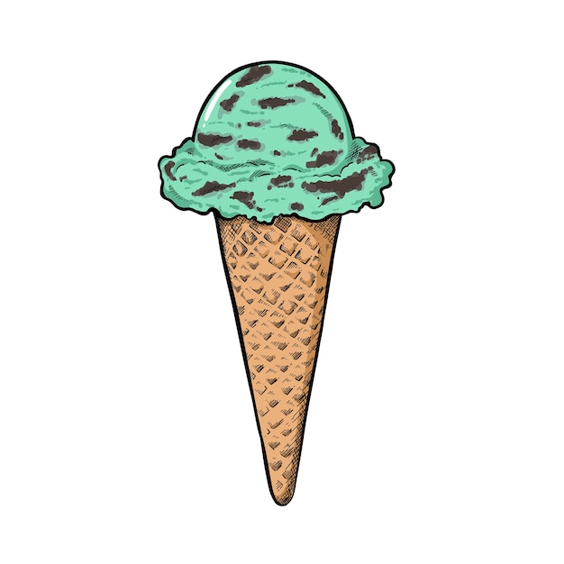 Cono de helado de chocolate de menta dibujado a mano