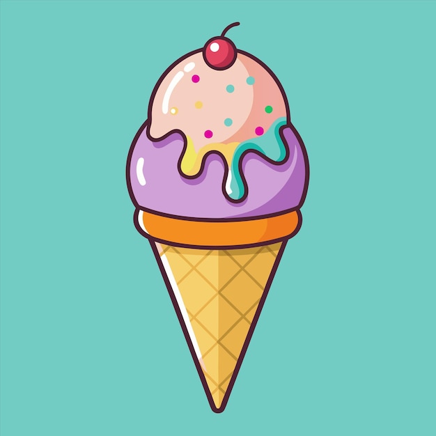 un cono de helado colorido con una cereza en él