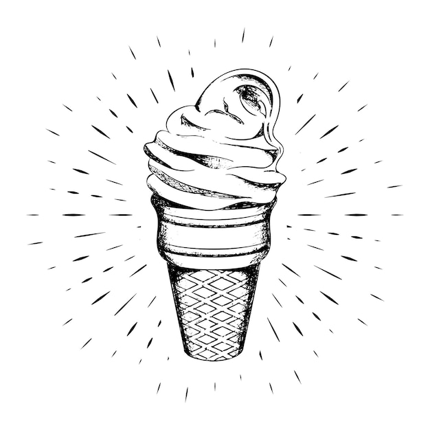 Cono de helado dibujado a mano, contorno negro sobre el fondo de rayos lineales. Caligrafía. Para el diseño de carteles, pancartas, logotipos. Fondo blanco. 10 eps