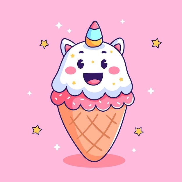 Vector un cono de helado de dibujos animados con un fondo rosa con estrellas y un gato en la parte superior