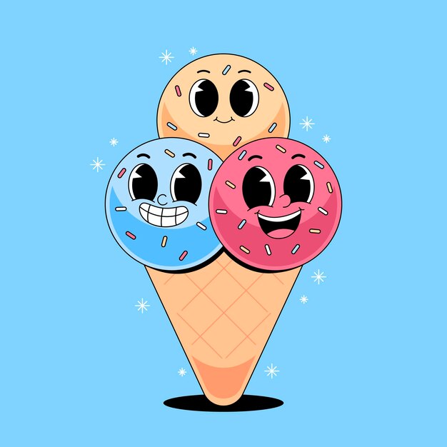 Cono de helado de dibujos animados retro con caras sonrientes y salpicaduras en un fondo azul