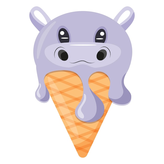 cono con helado y estampado animal, a saber, con una cara de hipopótamo y un cono de waffle