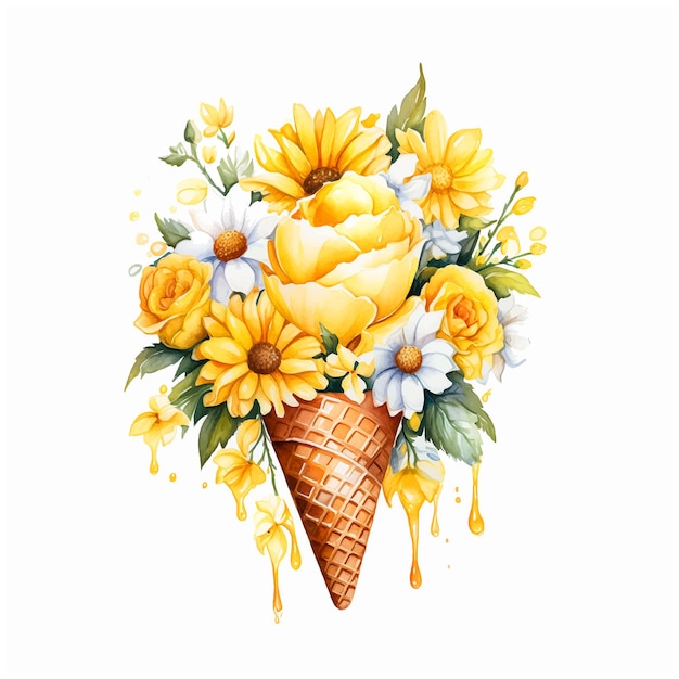 Cono de helado con flores pintura de acuarela