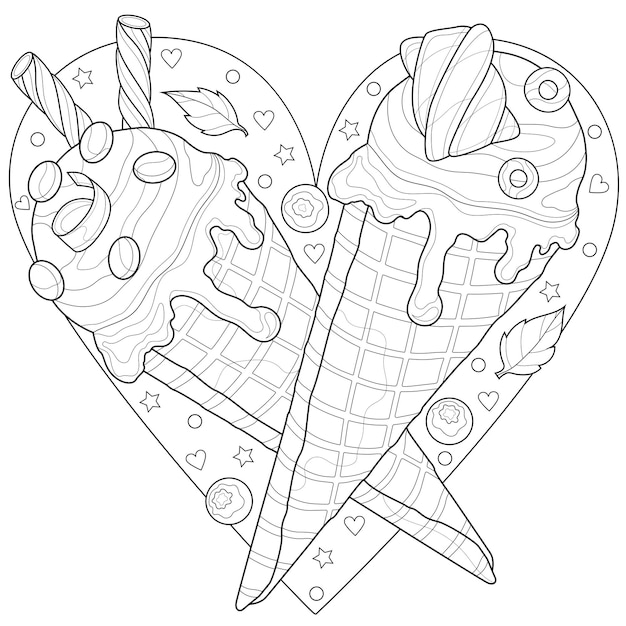 Cono de helado en forma de corazón. Libro de colorear antiestrés para niños y adultos. Ilustración aislada sobre fondo blanco Estilo Zen-enredo. Dibujar a mano