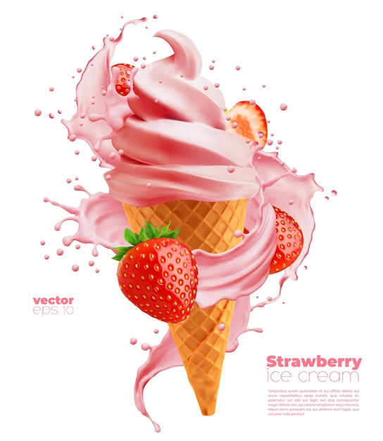 Vector cono de helado de fresa suave aislado con remolino
