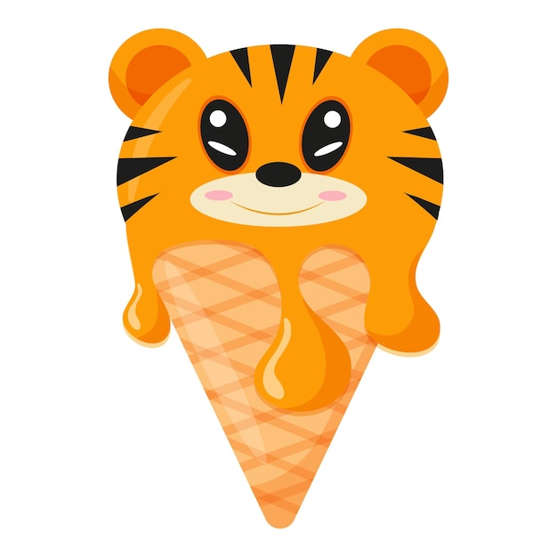 con un cono de helado de naranja y un estampado de animal, a saber, con una cara de tigre y un cono de waffle