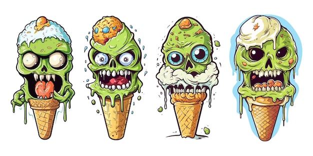 Vector cono de helado con una pequeña colección de zombies