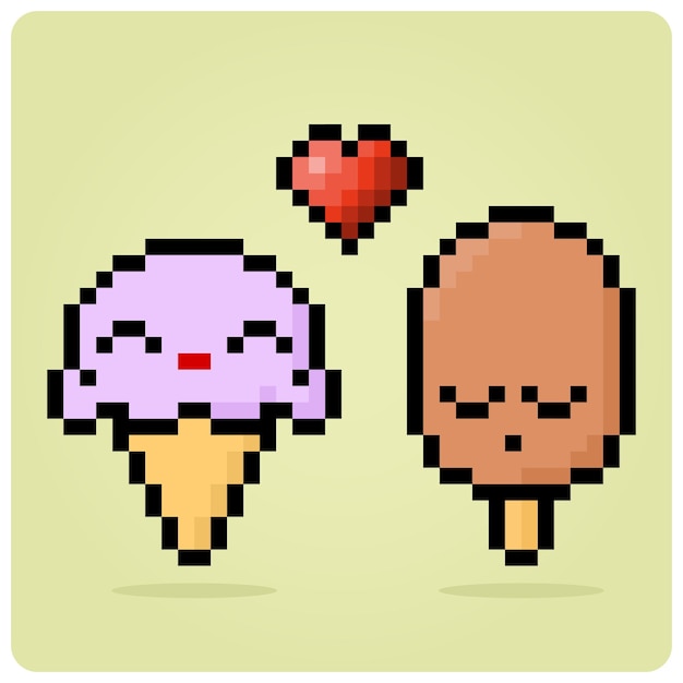 Cono de helado de píxeles de 8 bits se aman comida kawaii en ilustración vectorial