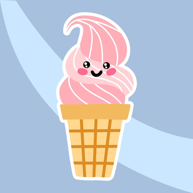 Un cono de helado rosa con una cara sonriente.