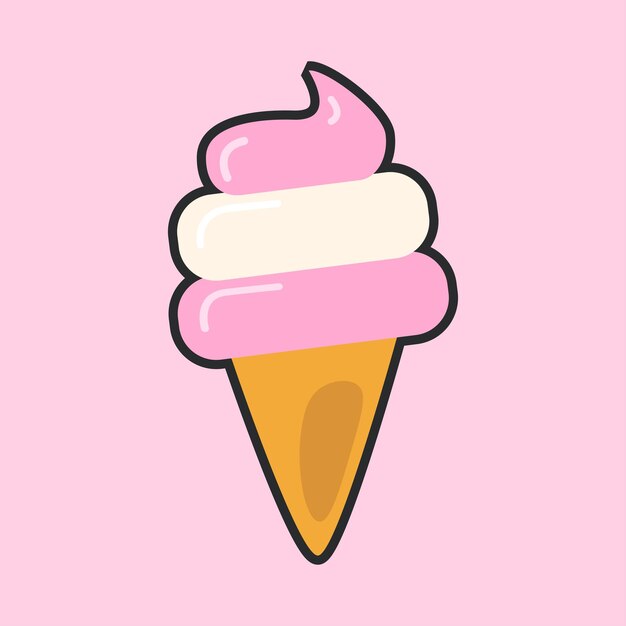 cono de helado de vainilla de fresa con diseño vectorial plano de contorno