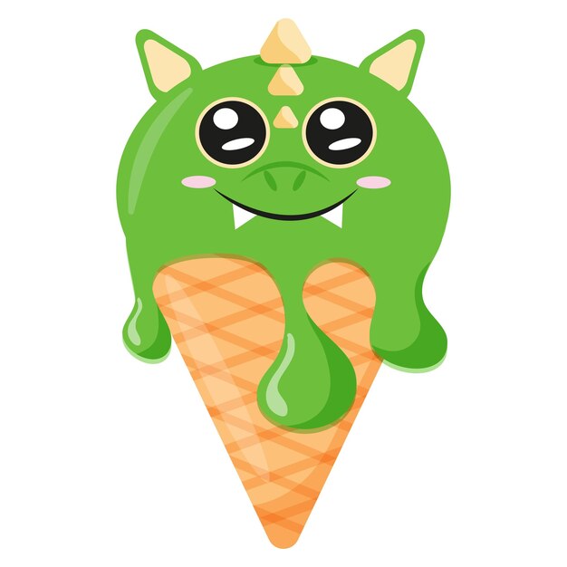 con un cono de helado verde y un estampado de animal, a saber, con una cara de dragón y un cono de waffle