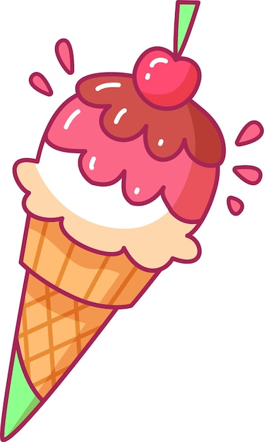 Un cono de helado vibrante presenta cucharadas de helado rosa y blanco con una cereza en la parte superior y rodeado de llovizna de chocolate que evoca un dulce deleite divertido