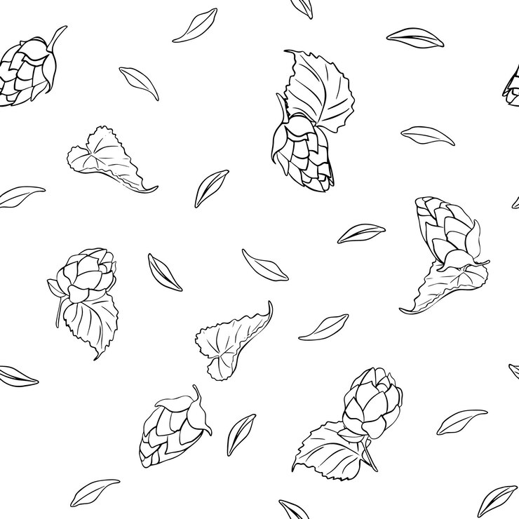 Vector cono, hojas de lúpulo y granos de trigo, vector monocromático, patrón sin costuras aislado, textura repetida de granos de cereales y humulus, contorno blanco y negro pintado con tinta para el diseño, papel de embalaje, elaboración de cerveza.