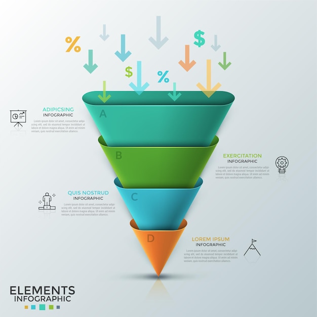 Vector el cono invertido o la pirámide redondeada constaba de 4 partes de colores, flechas, símbolos de porcentaje y dólar que caían dentro de él, iconos de líneas finas y cuadros de texto. plantilla de diseño infográfico.