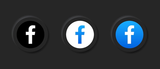 Ícono del logotipo de facebook neumórfico en botón negro en los logotipos de los iconos de las redes sociales en botones de neumorfismo