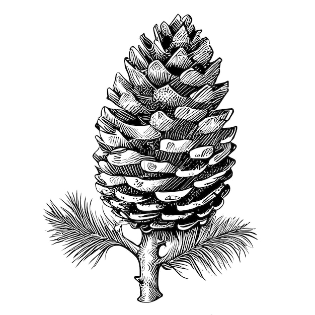 Un cono de pino se dibuja sobre un fondo blanco y tiene la palabra pino en él.