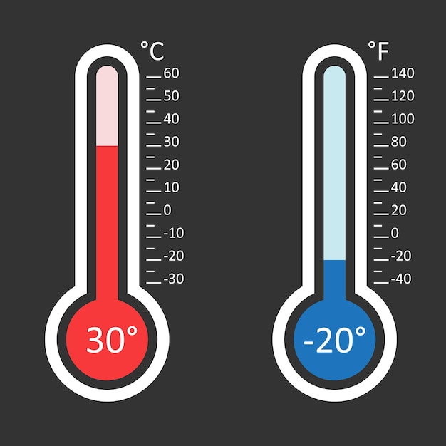 Ícono de termómetros Celsius y Fahrenheit con diferentes niveles Ilustración vectorial plana aislada en fondo negro