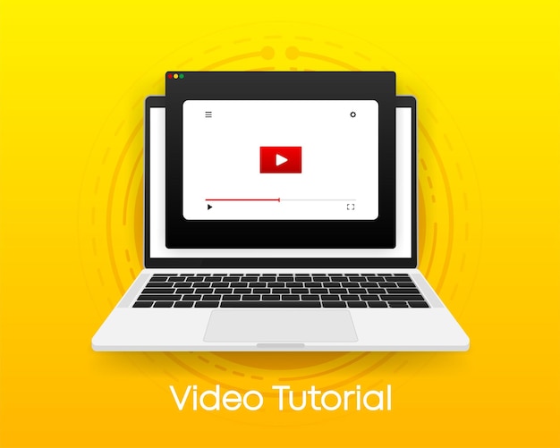 Ícono de tutorial de video en el concepto de navegador de la ventana de la computadora de la educación de capacitación en línea de negocios de seminarios web o ilustración vectorial de aprendizaje electrónico