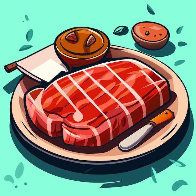 Vector conoce el steak dibujado a mano, plano, elegante, icono de pegatina de dibujos animados, concepto de ilustración aislada