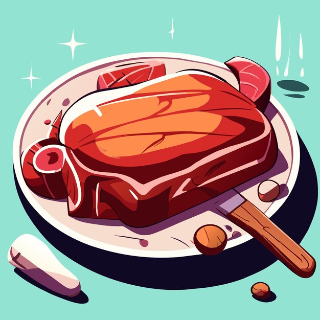 Vector conoce el steak dibujado a mano, plano, elegante, icono de pegatina de dibujos animados, concepto de ilustración aislada