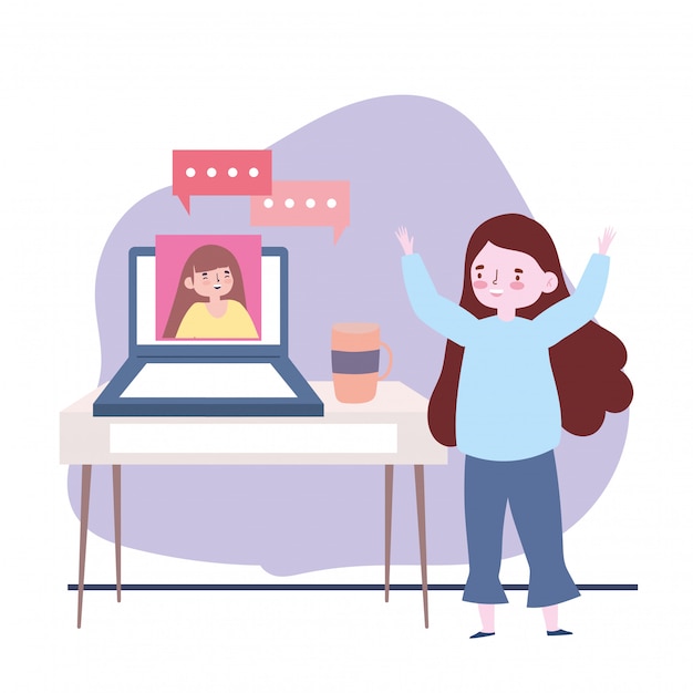Conociendo amigos, mujeres hablando por laptop, manténgase alejado de la protección covid-19